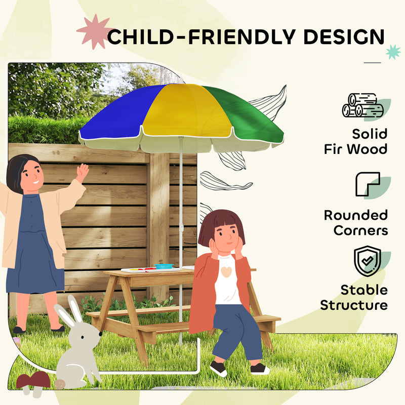Kids Picnic Table with Sand and Water Play, Wooden Benches and Adjustable Parasol by AIYAPLAY
