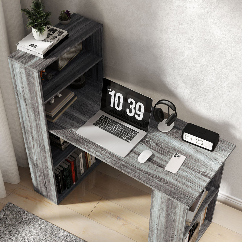 120cm Grey Computer Desk With Bookshelf 6 Shelves Home Office Workstation by HOMCOM