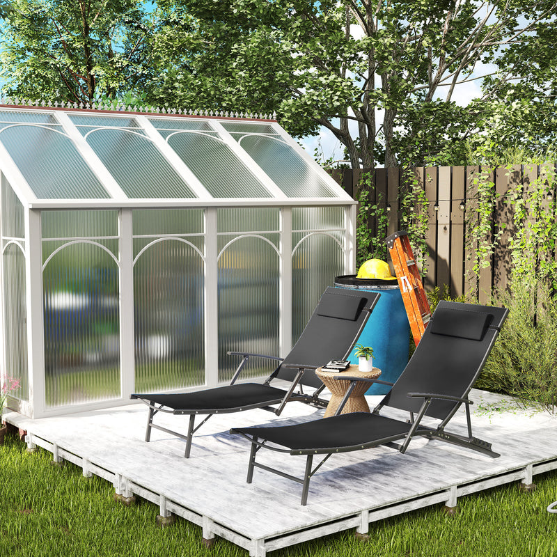 Set of 2 Black Folding Sun Loungers with Adjustable Recline and Pillows for Garden and Patio by Outsunny