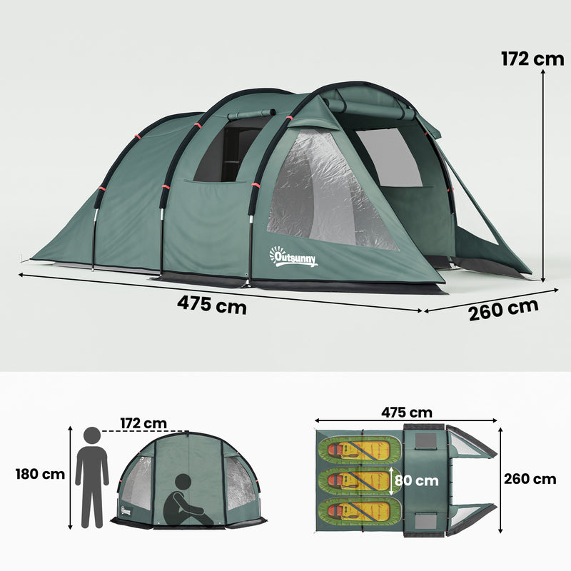 Outsunny Two Room Tunnel Tent Camping Tent for  3-4 Man with Windows, Covers, Carry Bag, for Fishing, Hiking, Sports, Green