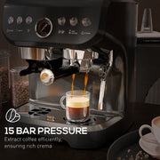 15 Bar Espresso Coffee Machine with Adjustable Grind and Milk Steamer for Home Use Black