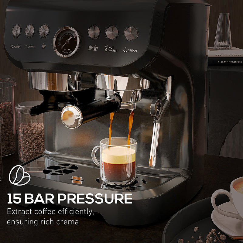 15 Bar Espresso Coffee Machine with Adjustable Grind and Milk Steamer for Home Use Black