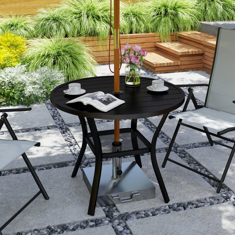 90 cm Round Steel Garden Dining Table with Parasol Hole and Shelf Black by Outsunny