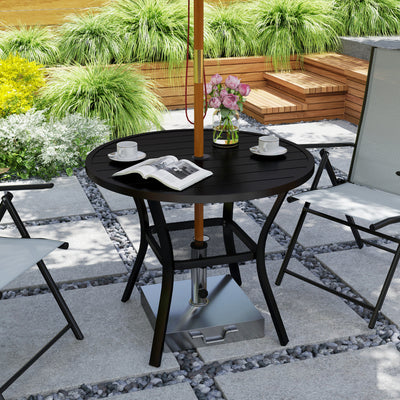 90 cm Round Steel Garden Dining Table with Parasol Hole and Shelf Black by Outsunny