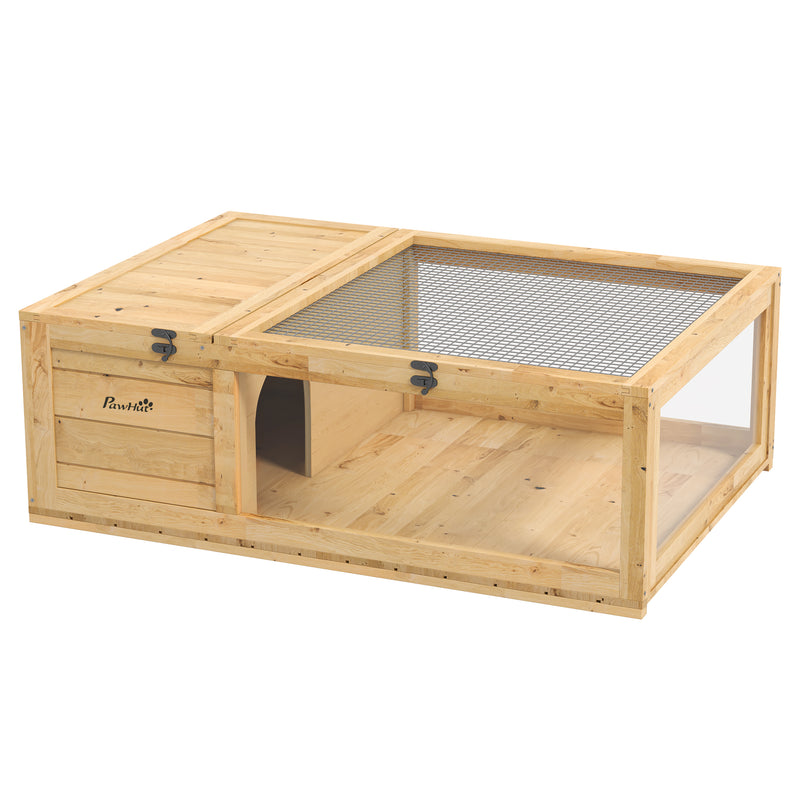 Wooden Tortoise and Reptile House with Mesh Roof Ideal for Outdoor Use, Natural Finish