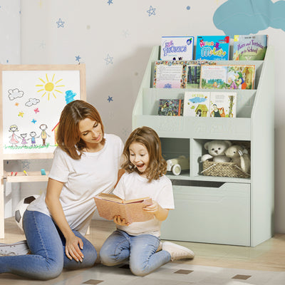 Kids Bookshelf and Toy Organiser with Storage Drawer and Wheels Green by HOMCOM