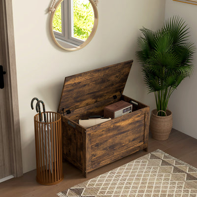 Rustic Brown Wooden Storage Chest with Safety Hinges and Cut Out Handles