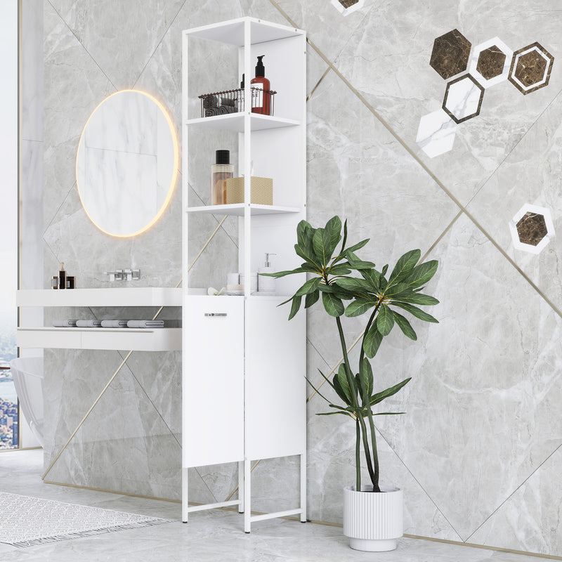 Tall White Bathroom Storage Cabinet With Open Shelves And Adjustable Interior Shelf
