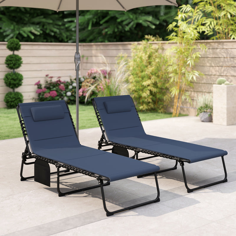Set of 2 Adjustable Folding Sun Loungers with Side Pockets for Garden Relaxing Dark Blue