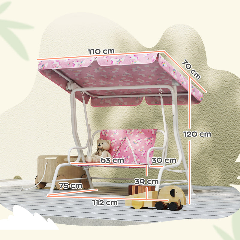 2 Seater Kids Garden Swing Bench With Adjustable Canopy And Seat Belts, Pink Aiyaplay
