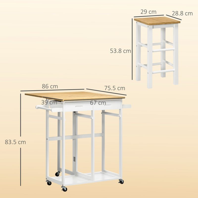 Breakfast Bar Set with Fold-Out Table and Storage Drawers for Small Kitchens White Natural