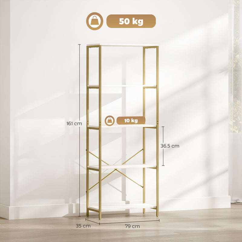 Gold and White Shelves For Living Room - 5 Tier Bookcase For Room Organisation - Gold Metal Frame With White Shelves Homcom