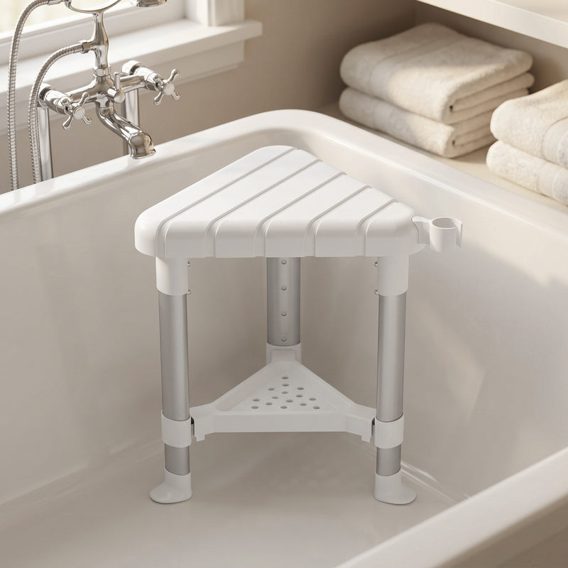 Corner Shower Stool with Adjustable Height and Storage Shelf for Compact Bathrooms White