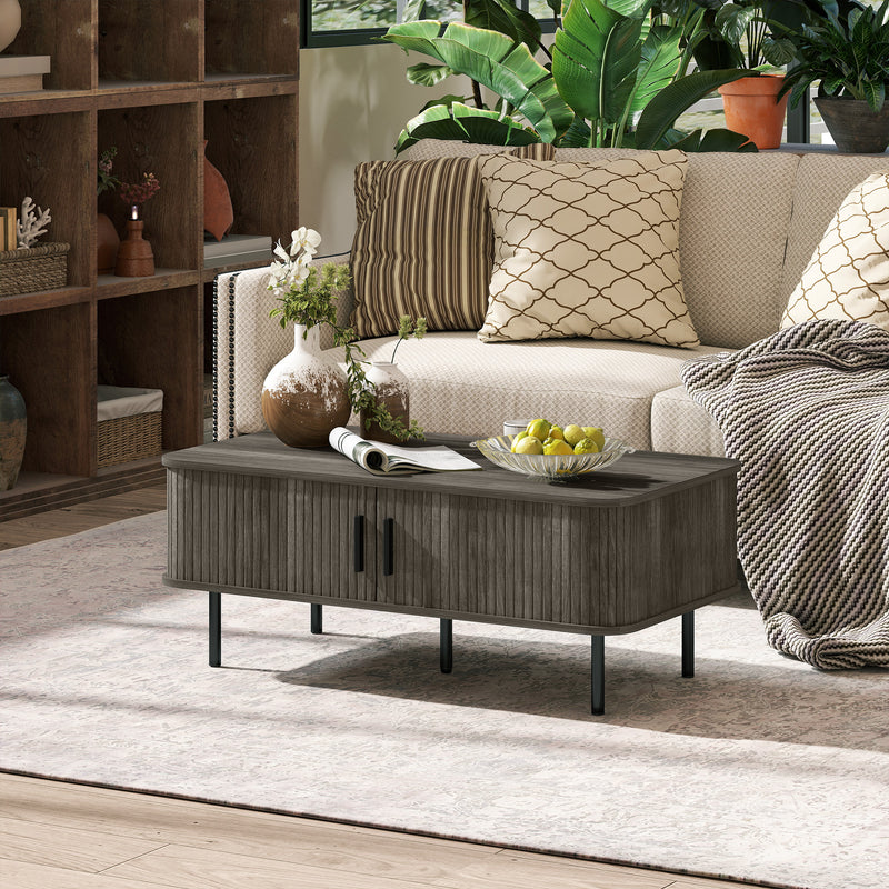 Rectangular Coffee Table With Storage And Sliding Slatted Doors For Living Room, Grey