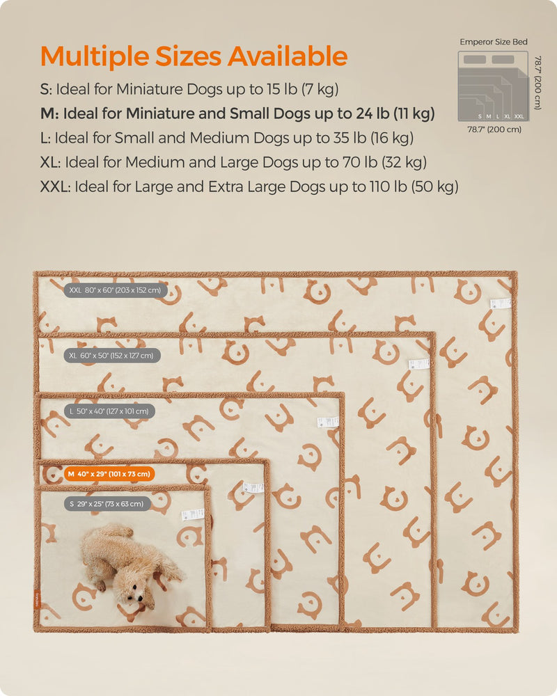 Size guide diagram comparing S, M, L, XL and XXL Feandrea dog blanket dimensions