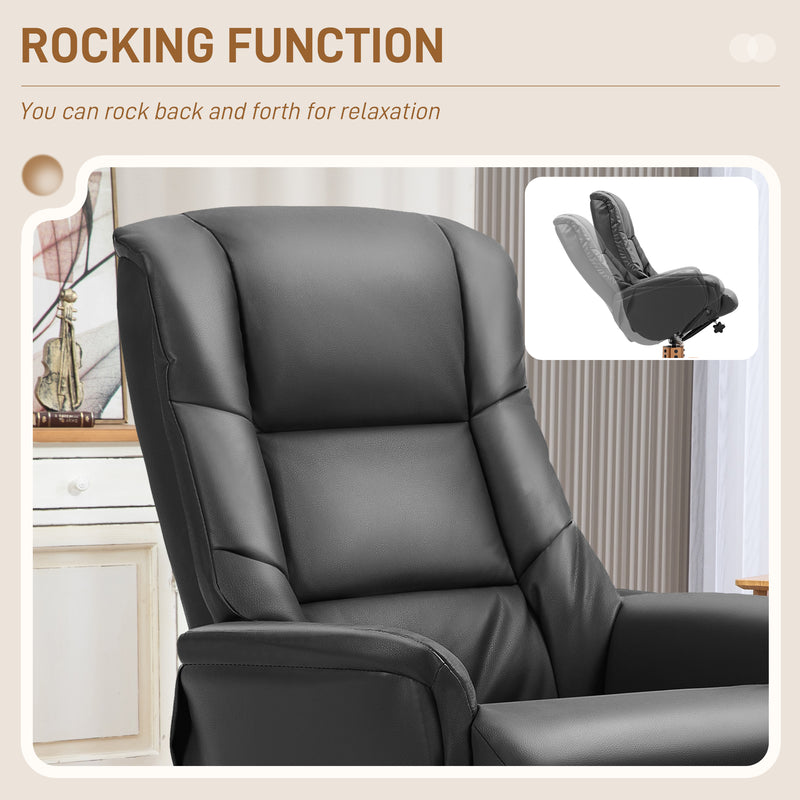Black Faux Leather Reclining Armchair with Matching Footstool and Curved Wood Base for Living Room