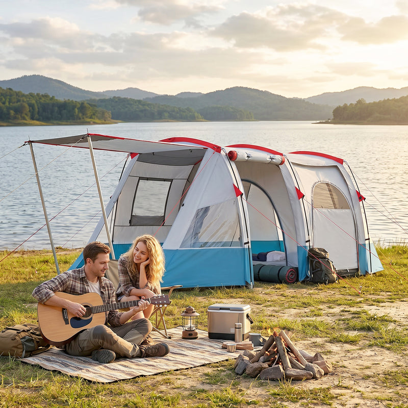 Outsunny 6-8 Person Tunnel Tent, Camping Tent with Bedroom, Living Room, Sewn-in Floor, 3 Doors and Carry Bag, 2000mm Water Column for Fishing, Hiking, Sports, and Traveling, Blue