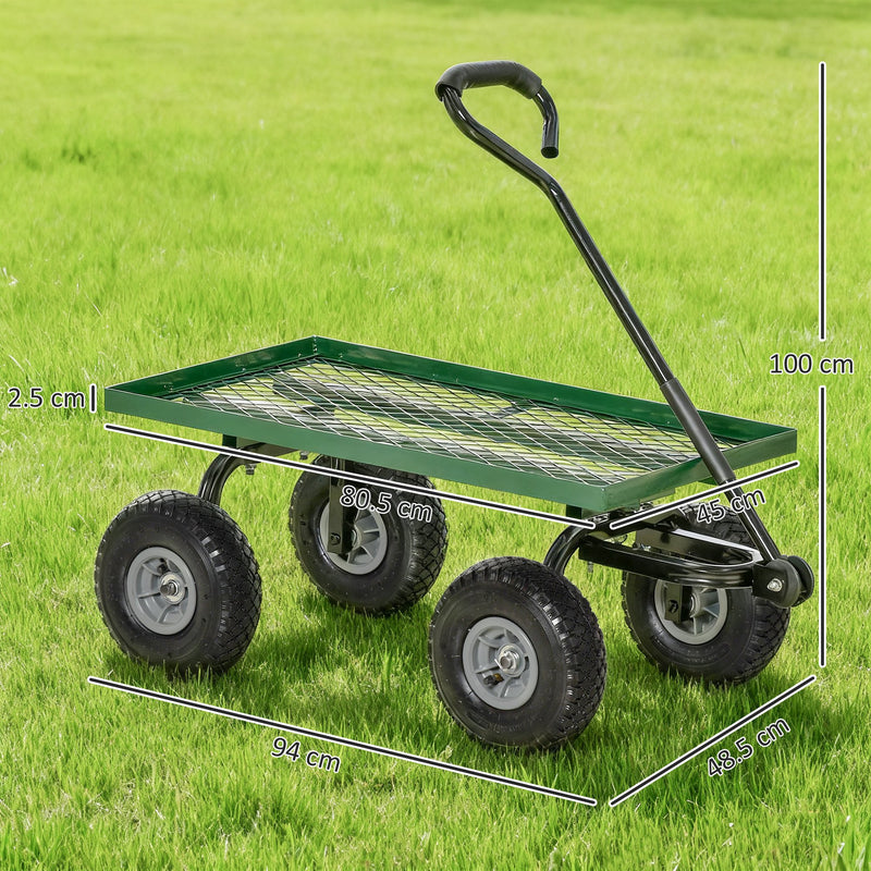 Heavy Duty Garden Trolley Cart With Pneumatic Wheels And Steel Frame For Outdoor Use Green AOSOM