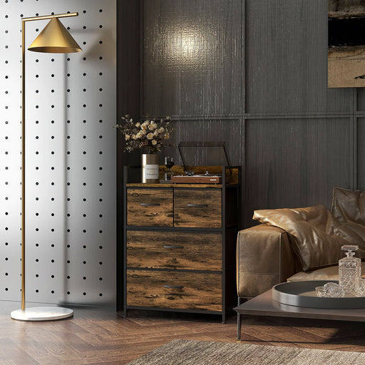 Industrial Chest of 4 Fabric Storage Drawers with Wooden Frame for Bedroom or Hallway Rustic Brown