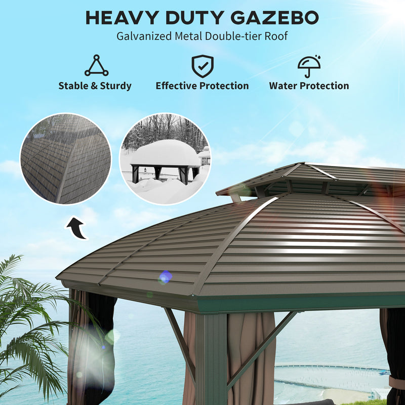 3.65 x 3m Hardtop Steel Gazebo with Aluminium Frame Double Roof Net Sidewalls and Curtains Coffee by Outsunny