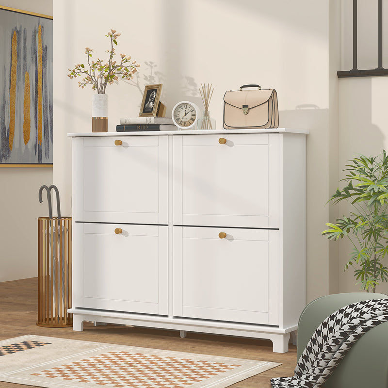 Tall Slim Shoe Storage Cabinet with 4 Flip Drawers and Adjustable Shelves, White