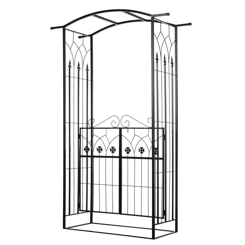 Metal Garden Arch with Gate for Climbing Plants and Roses Outdoor Arbour, Black