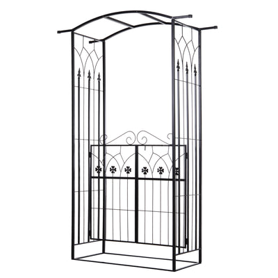 Metal Garden Arch with Gate for Climbing Plants and Roses Outdoor Arbour, Black