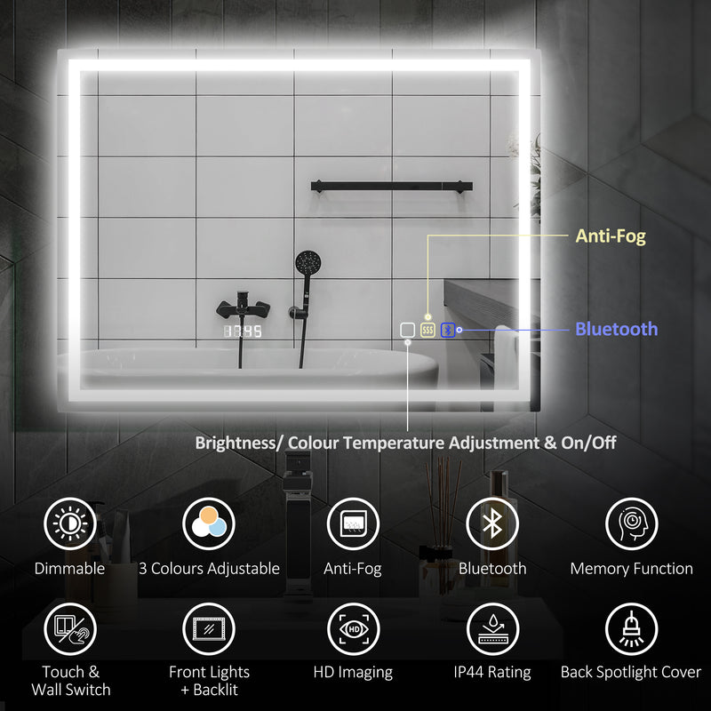 Silver LED Bathroom Mirror with Bluetooth Anti-Fog Function and Clock 60 x 80 cm