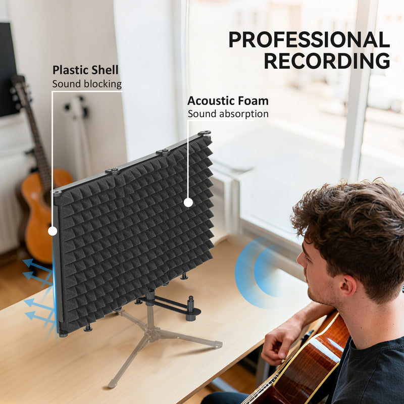 Foldable Microphone Isolation Shield With Adjustable Panels For Studio Recording Black AOSOM