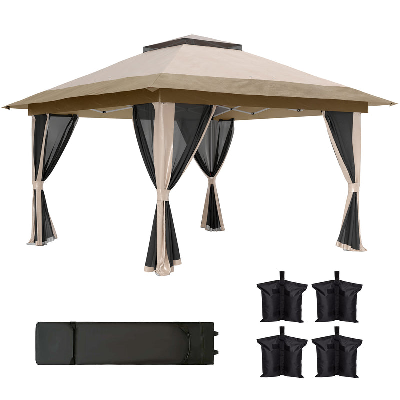 3.6 x 3.6m Pop Up Gazebo with Mesh Sides, Carry Case, Weight Bags, Beige by Outsunny