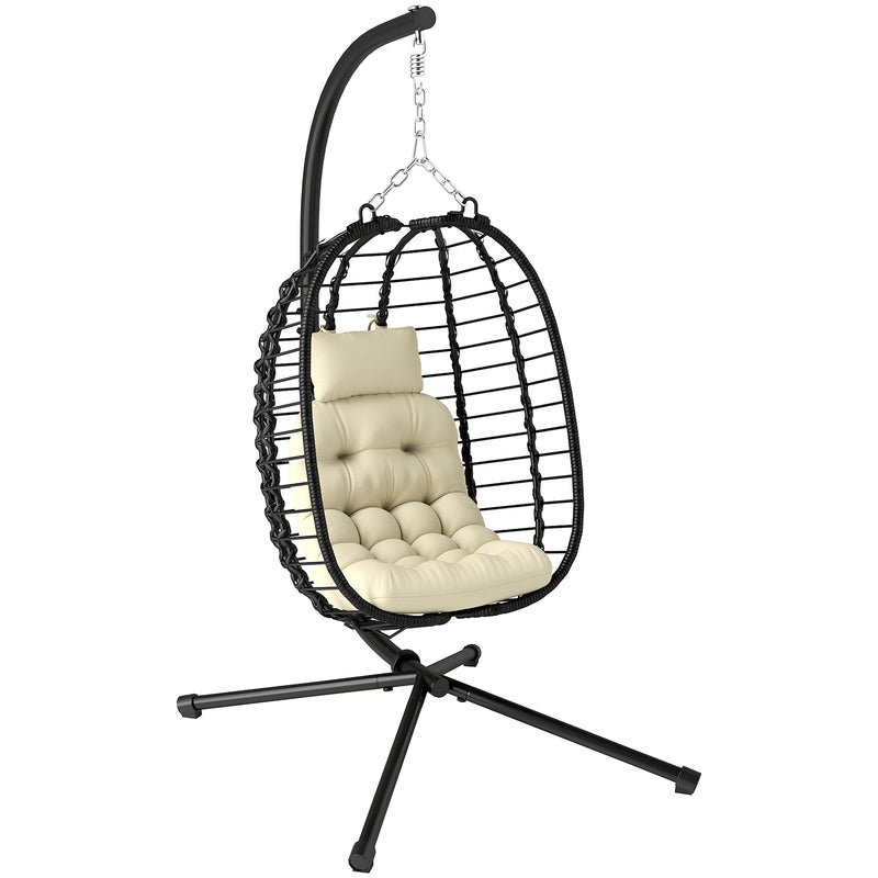 Cream Rattan Hanging Egg Chair with Cushion Pillow and Stand for Garden or Indoor Use by Outsunny