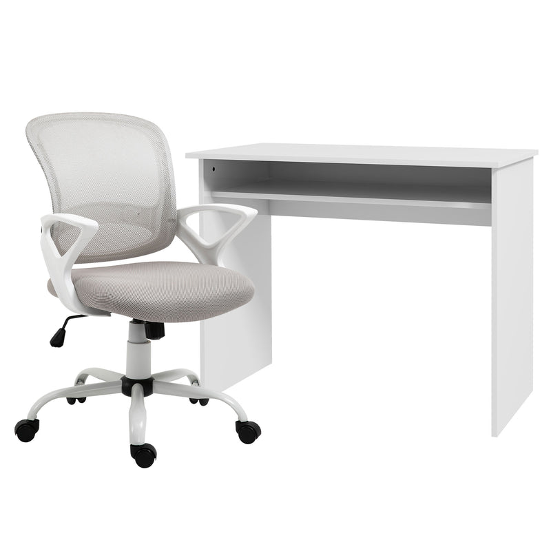 Home Office Chair and Computer Desk Set With Storage Shelf for Study or Work, White and Grey