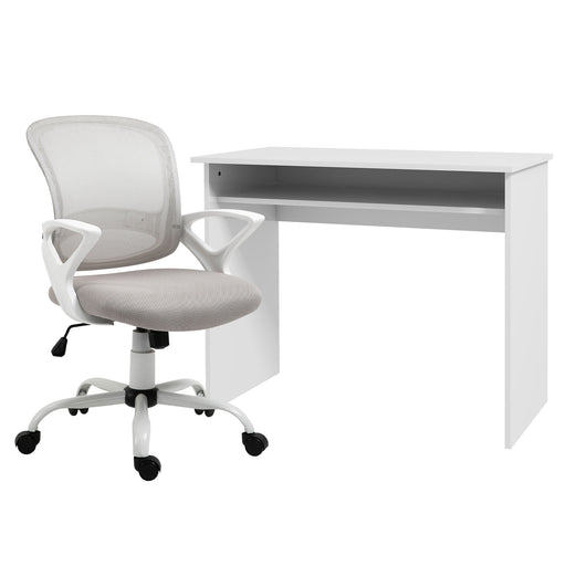 Home Office Chair and Computer Desk Set With Storage Shelf for Study or Work, White and Grey