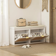Boho Shoe Storage Bench with Cushioned Seat and Two Flip Drawers for Hallway, White