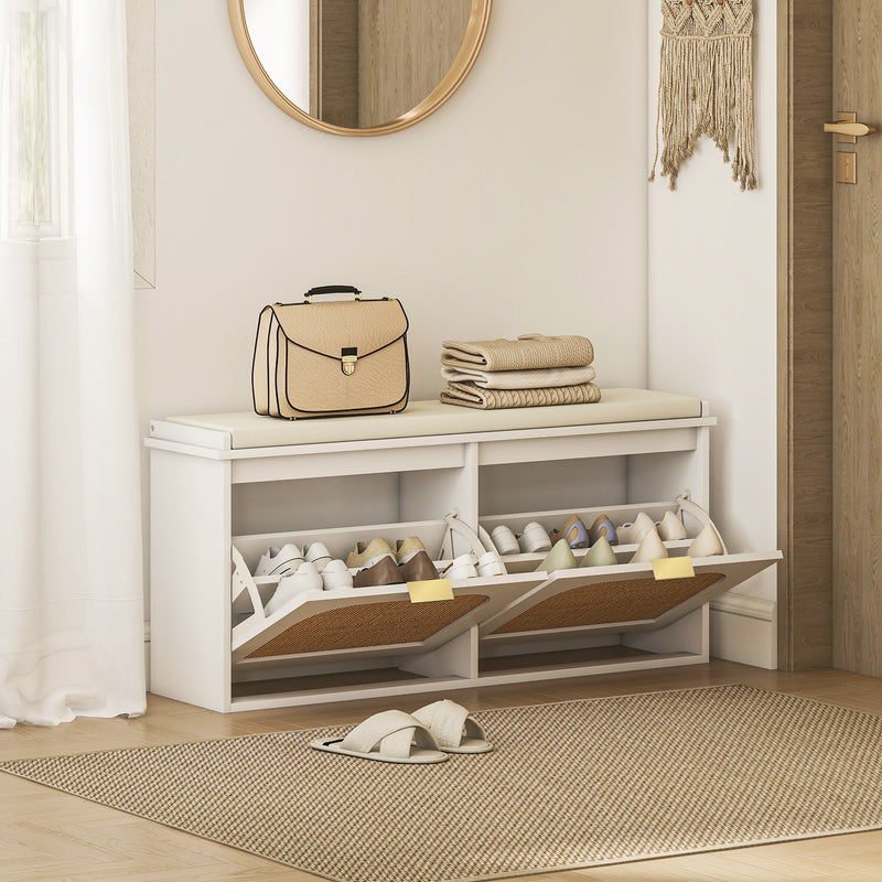 Boho Shoe Storage Bench with Cushioned Seat and Two Flip Drawers for Hallway, White