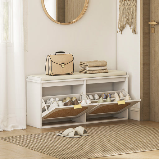 Boho Shoe Storage Bench with Cushioned Seat and Two Flip Drawers for Hallway, White