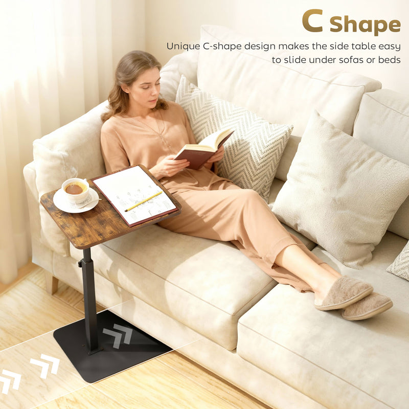 Adjustable C Shaped Side Table for Sofa or Bed with Space Saving Design Rustic Brown