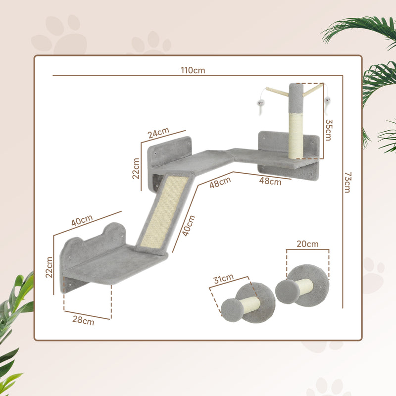 3 Piece Cat Wall Furniture Set with Scratch Posts Perches and Toys in Light Grey by PawHut