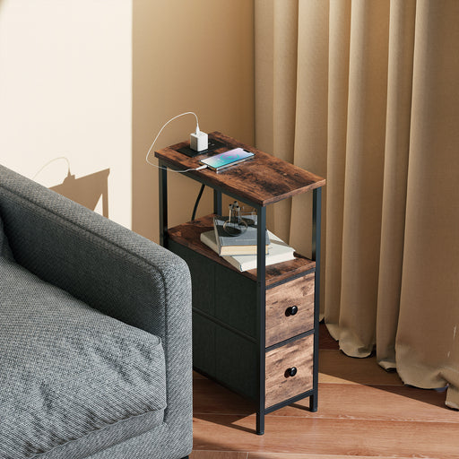 Slim Bedside Table With USB Charging Station and 2 Storage Drawers For Bedroom or Living Room, Industrial Style
