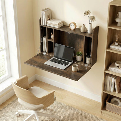 Wall Mounted Folding Desk with Shelves for Space Saving Home Office Dark Brown AOSOM