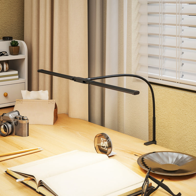 Black LED Clamp Desk Lamp With Double Head And Gooseneck For Office Or Study Use AOSOM