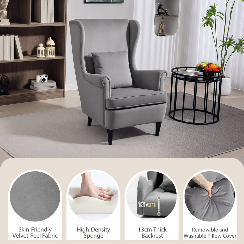 Dark Grey Velvet Accent Chair with High Back and Cushion for Living Room or Bedroom
