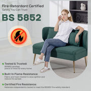 2 Seater Sofa, Dark Green Linen Look Sofa with Wing Back and Gold Metal Legs for Small Spaces