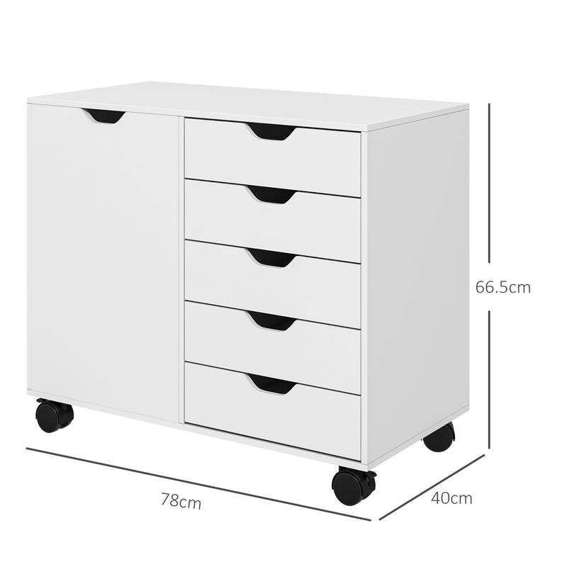 Mobile Office Storage Cabinet With Drawers And Shelves On Wheels, White