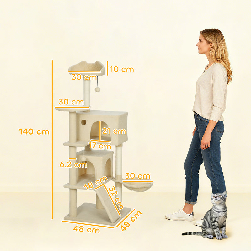 Large Cat Tree Tower with Hammock Condos and Scratching Posts for Indoor Cats Beige AOSOM
