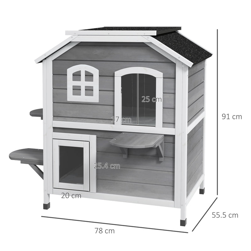 2 Storey Wooden Outdoor Cat House With Escape Door And Roof Access, Grey