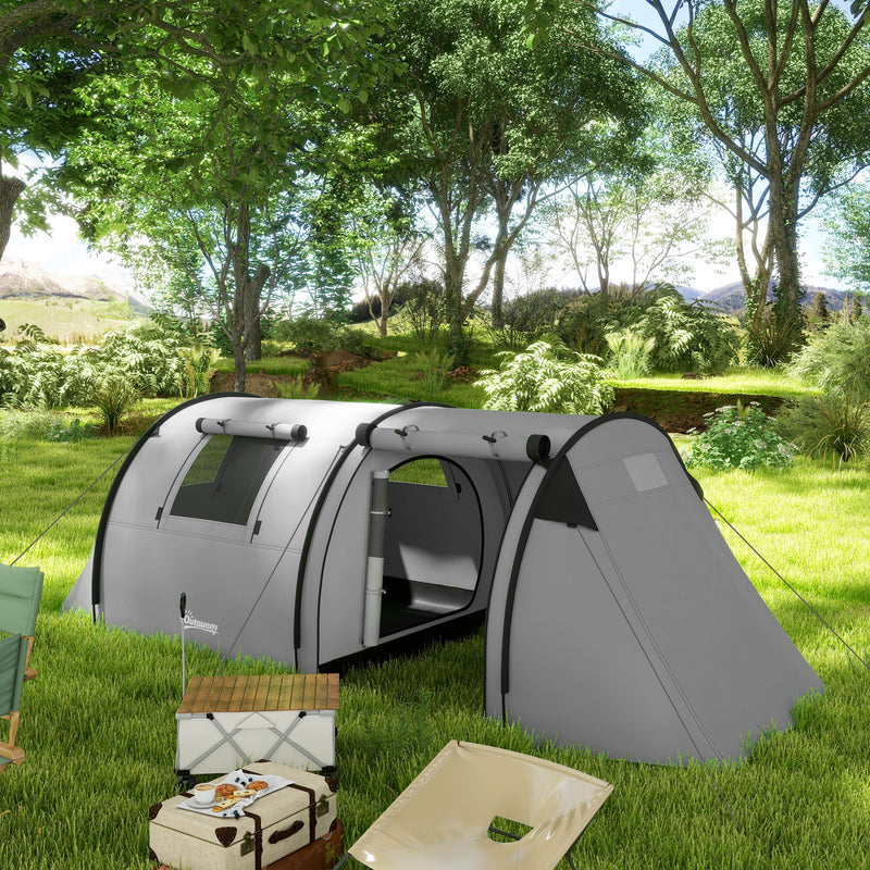 4 Person Tunnel Tent with Separate Bedroom and Living Area for Dry Camping Grey