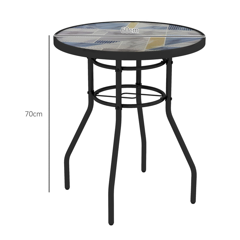 Round 60cm Garden Table with Printed Glass Top Ideal for Outdoor Dining Multicolour