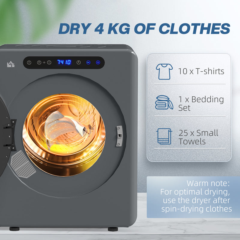 4kg Compact Tumble Dryer with Adjustable Heat Ideal for Small Spaces, Grey