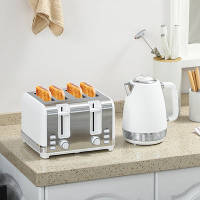 Stainless Steel Kettle and 4 Slice Toaster Set with Rapid Boil and Browning Control, White and Silver